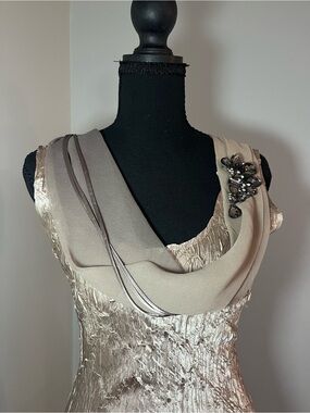 Vintage Taupe and Metallic-Trim Midi Dress with Brooch Detail
